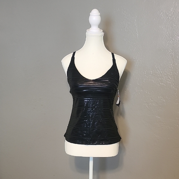 Nike Shiny Black Womens Swimsuit Top Striped Perforated NWT Small Adj Straps - Picture 1 of 11
